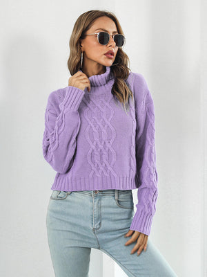 Lilac cable knit cropped turtleneck sweater with textured sleeves