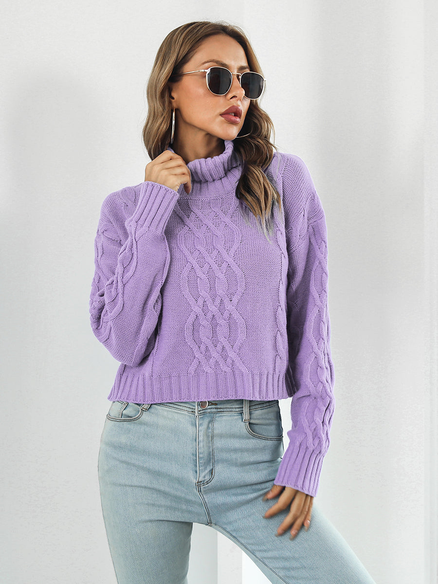 Lilac cable knit cropped turtleneck sweater with textured sleeves