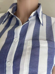 Chic striped button-up shirt in royal blue and white with a chest pocket.