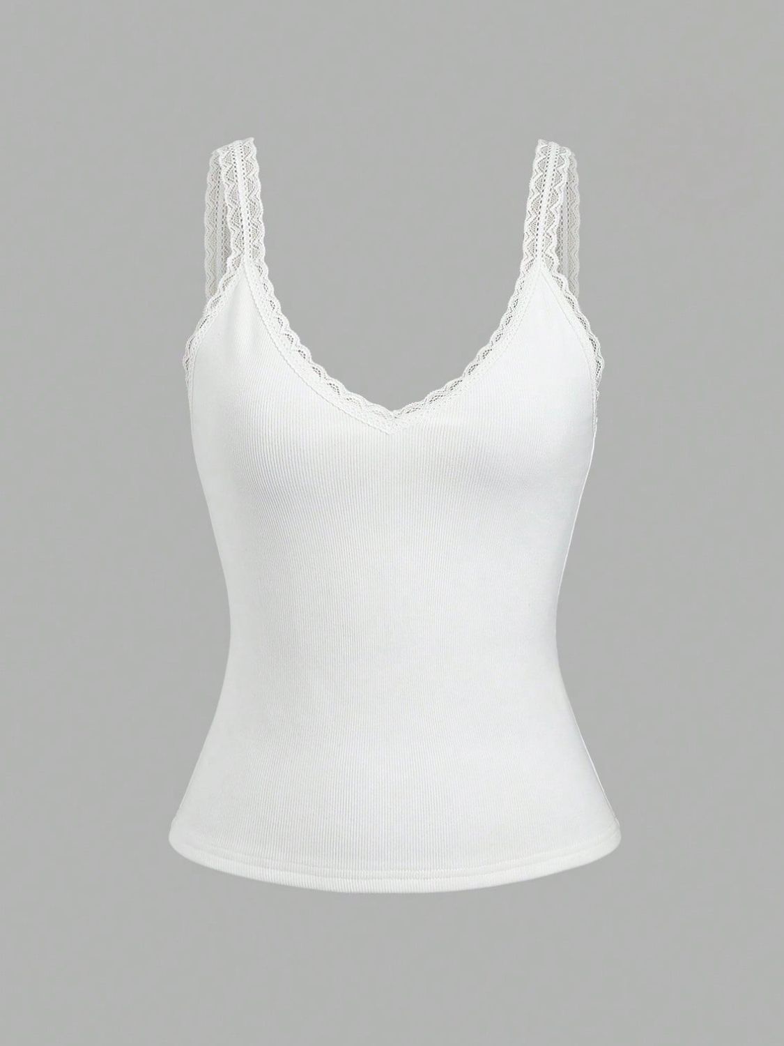 White ribbed cami with lace trim V-neck and straps