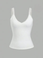 White ribbed cami with lace trim V-neck and straps
