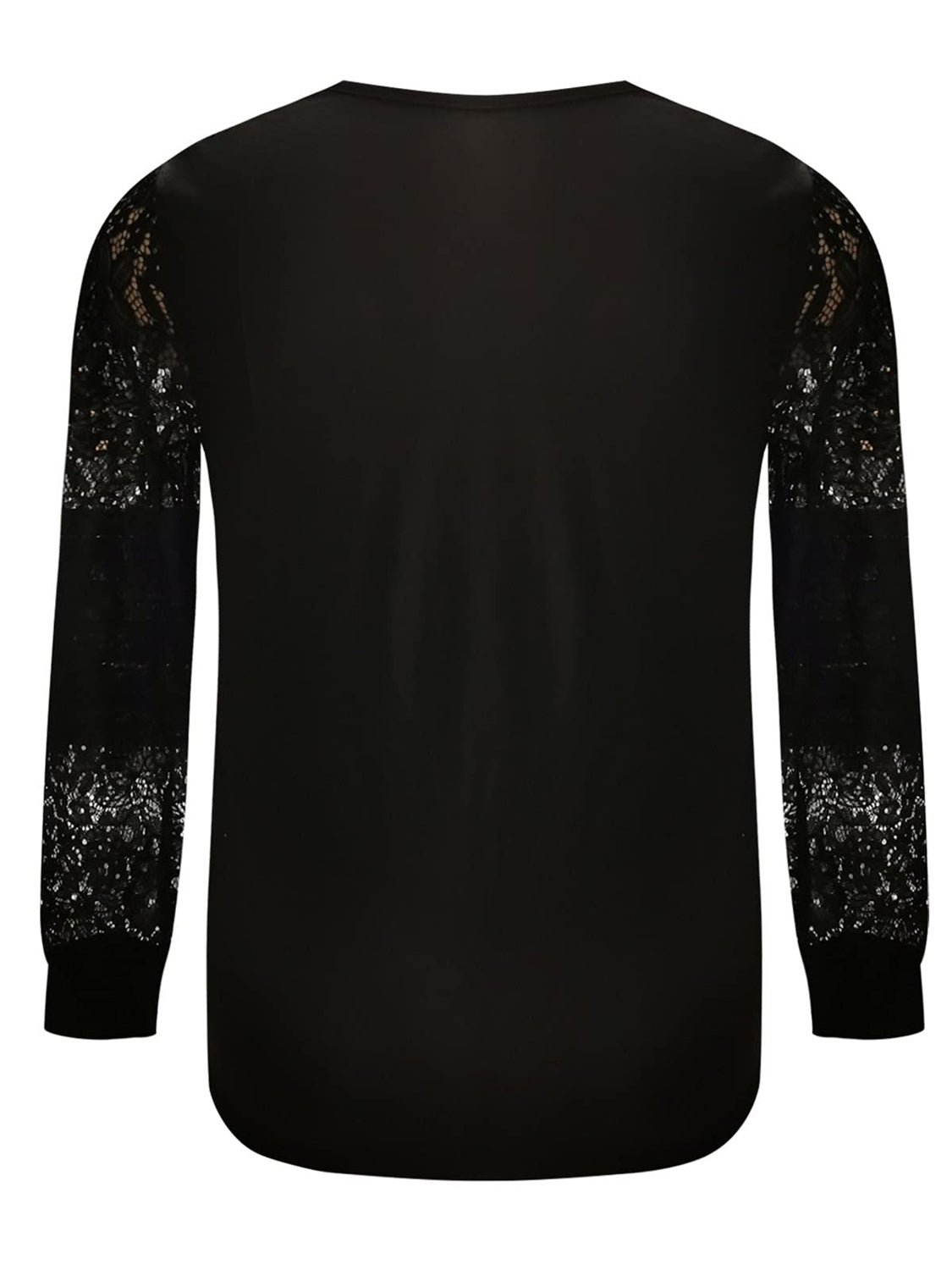 Black blouse with lace inset blouson sleeves and V-neck detail.