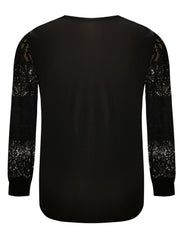 Black blouse with lace inset blouson sleeves and V-neck detail.