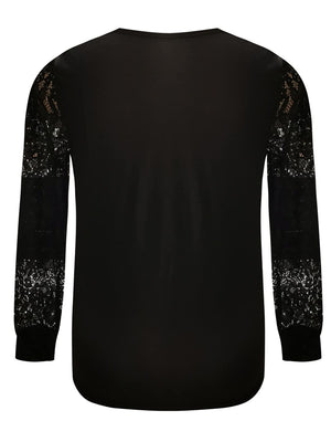 Black blouse with lace inset blouson sleeves and V-neck detail.