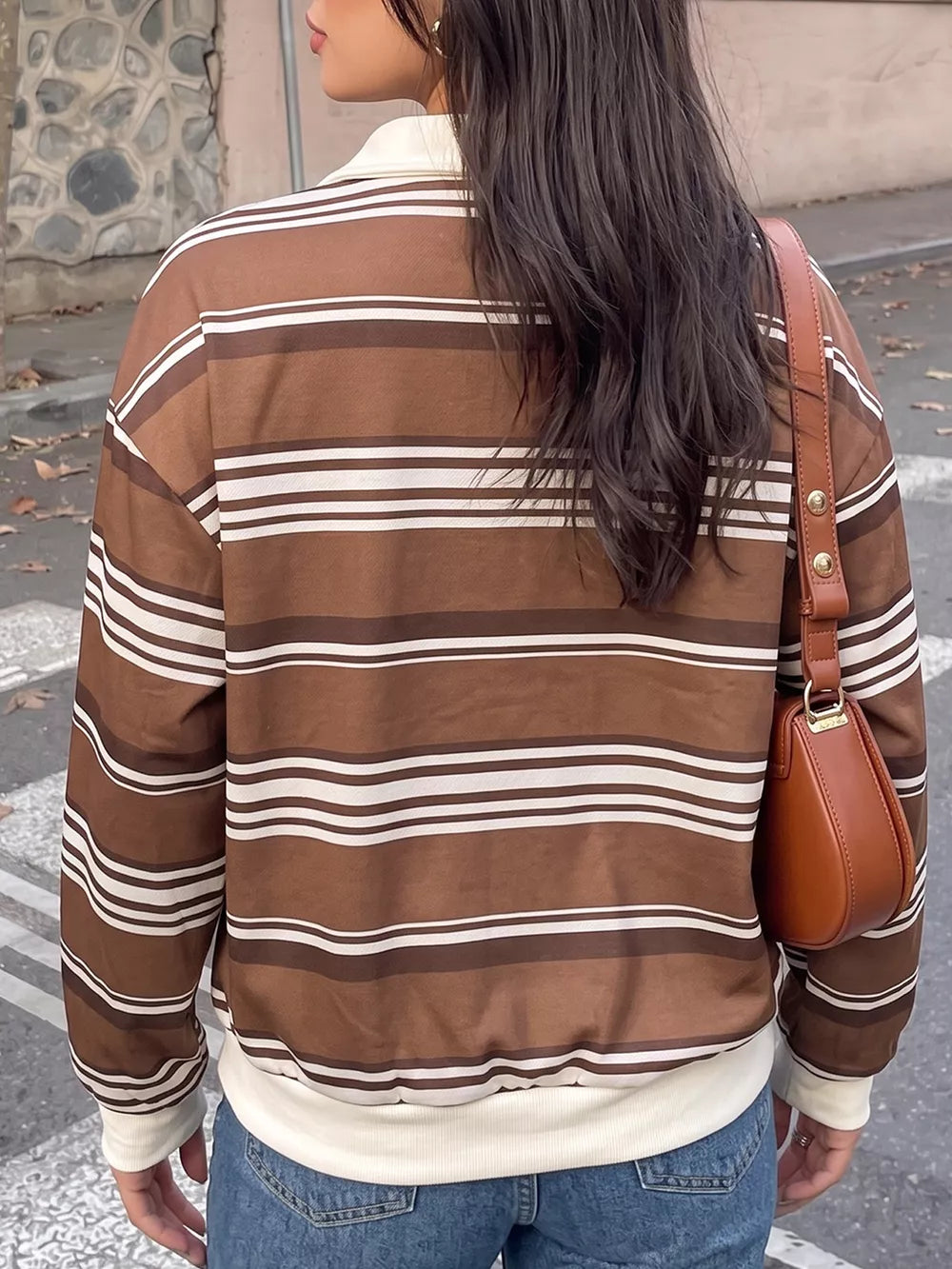 Striped Dropped Shoulder Sweatshirt in Coffee Brown, fabric detail