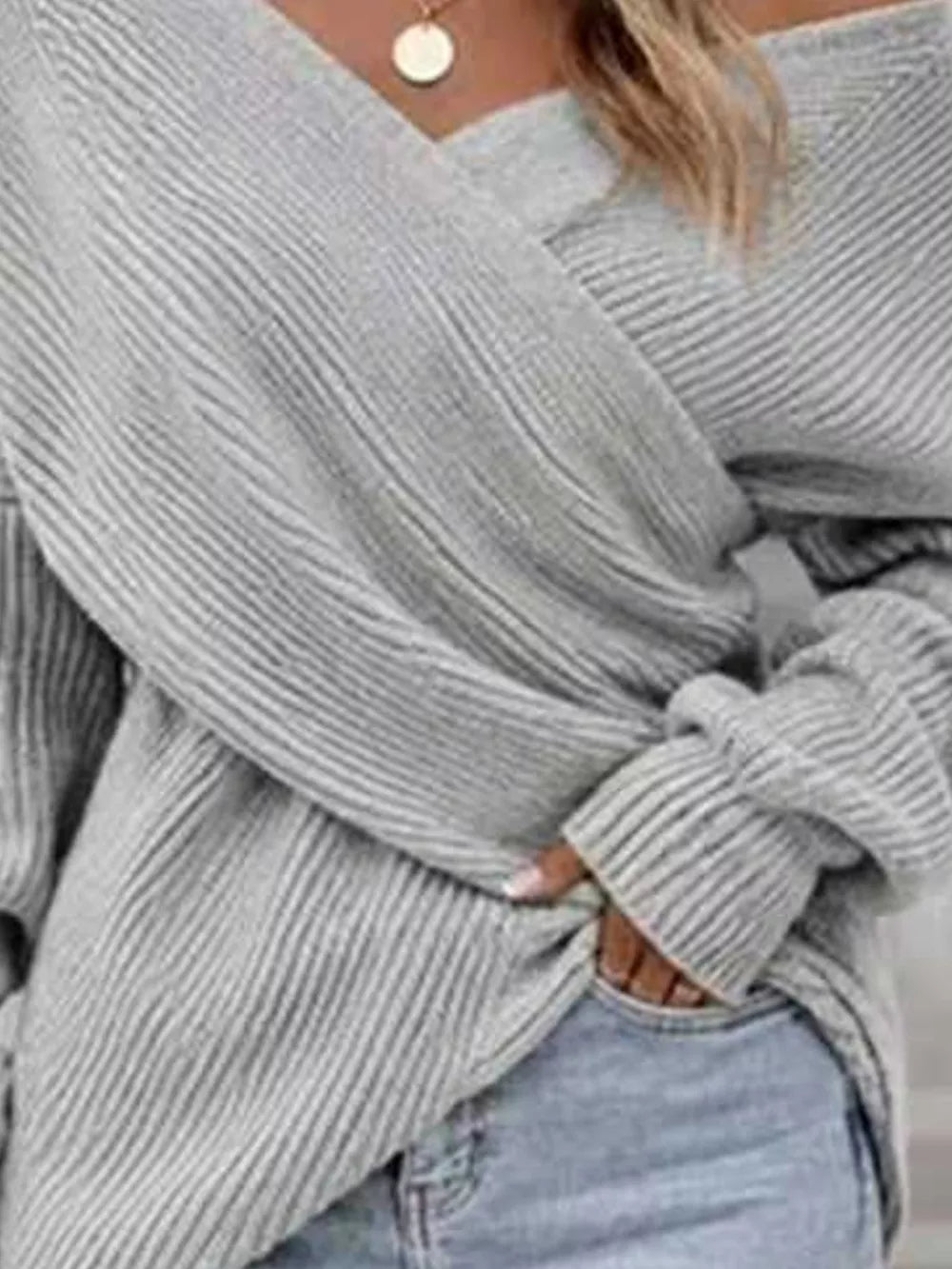 Crisscross Ribbed Knit Long Sleeve Sweater in Black, fabric detail