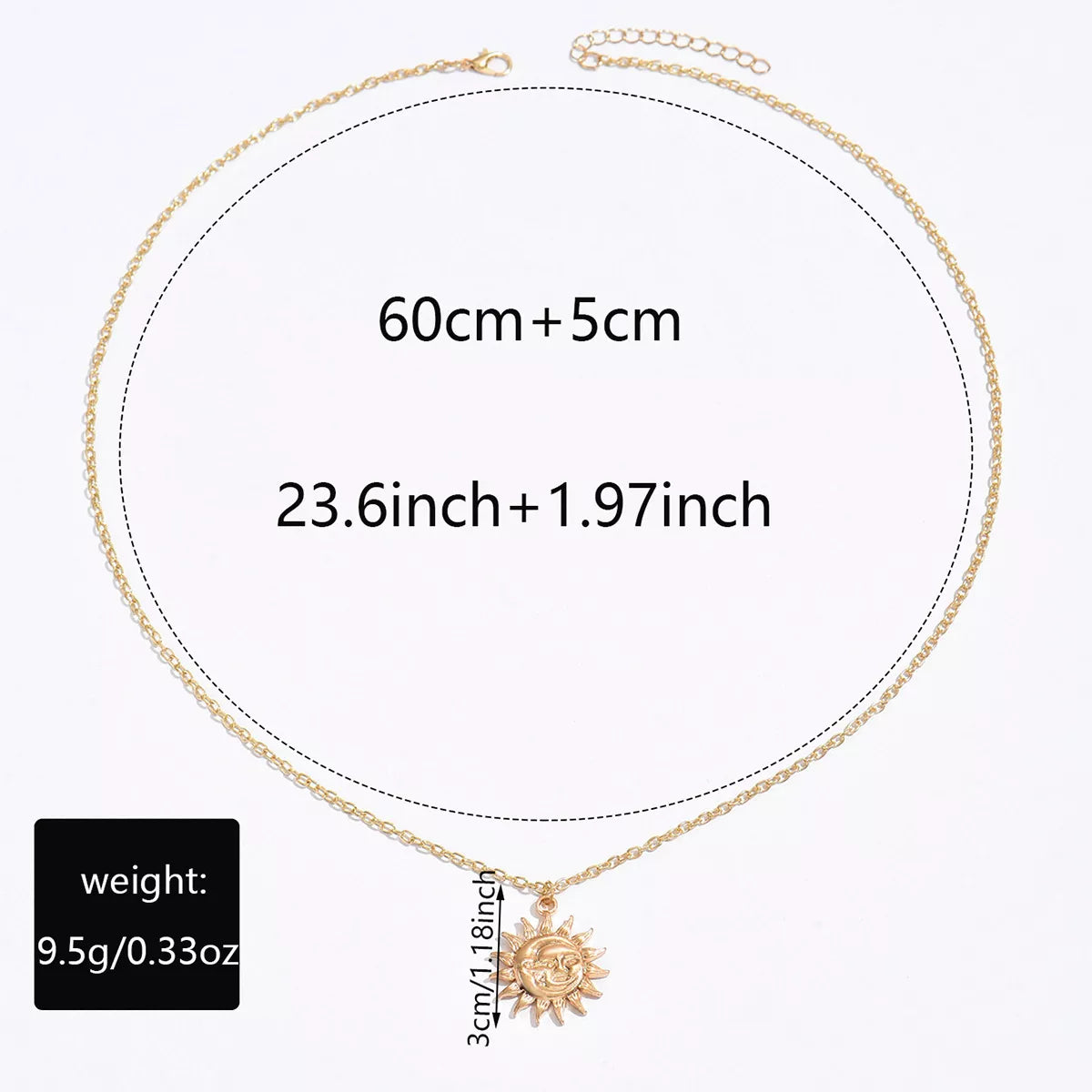 Gold sunburst pendant necklace with chain and size details shown.
