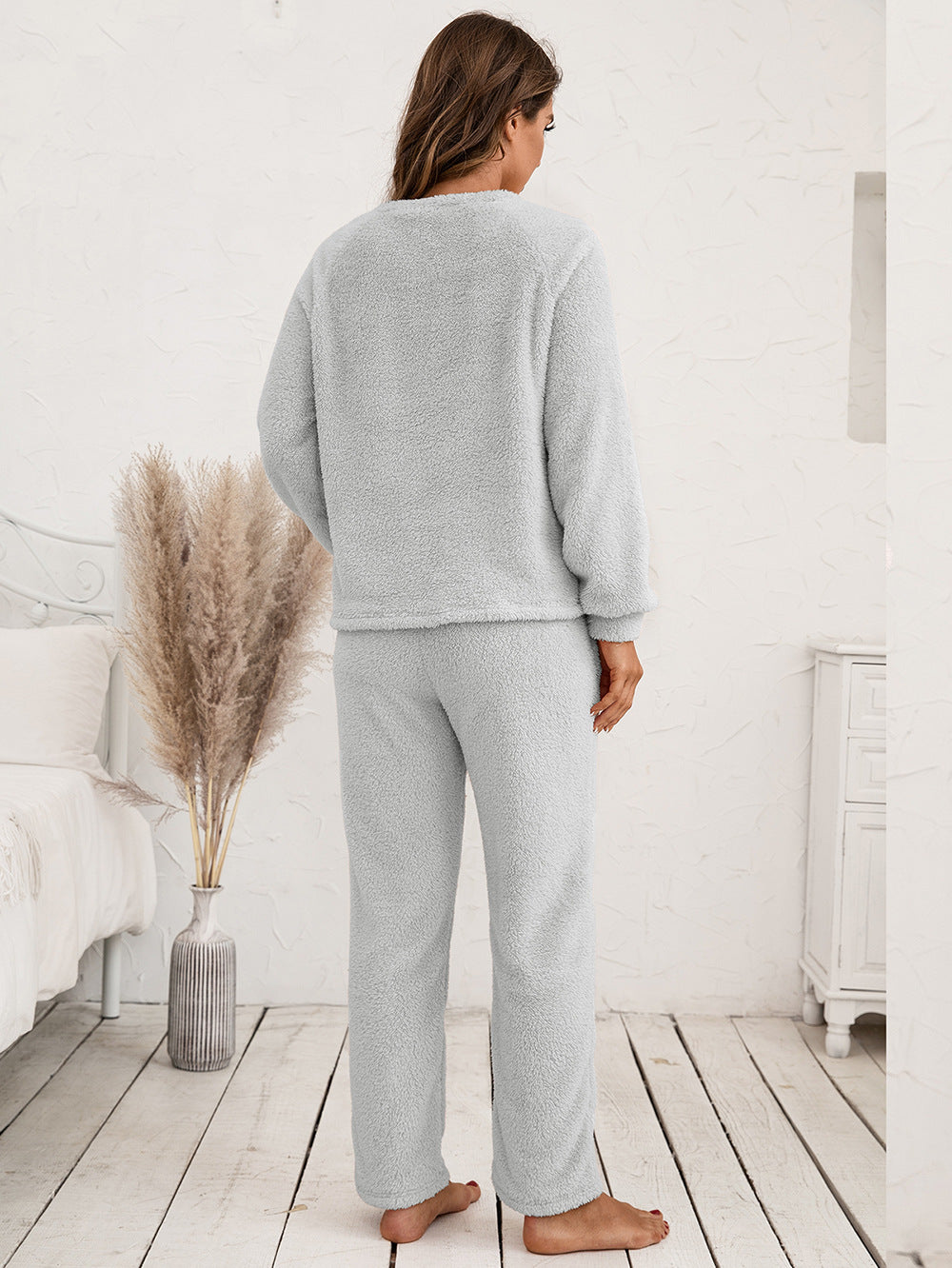 Plush raglan sleeve lounge set in light gray, featuring a crewneck top and relaxed-fit pants.