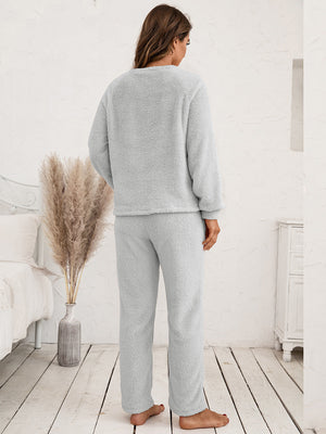 Plush raglan sleeve lounge set in light gray, featuring a crewneck top and relaxed-fit pants.