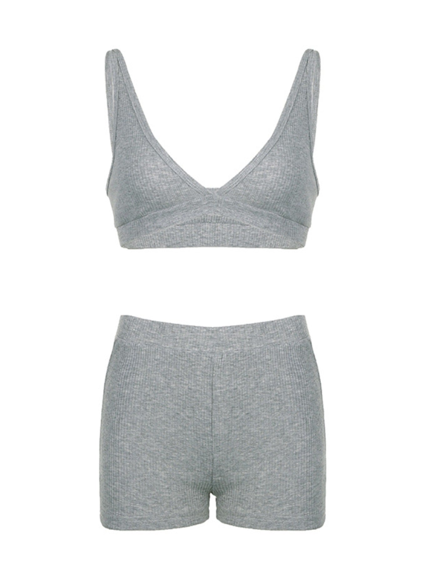 Grey ribbed knit bralette and shorts set with V-neckline and elastic waistband.