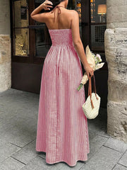Elegant halter neck maxi dress in deep red and white stripes with smocked bodice.