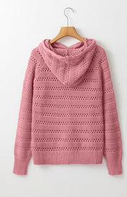 Dusty pink openwork knit hoodie with drawstring and ribbed cuffs and hem.