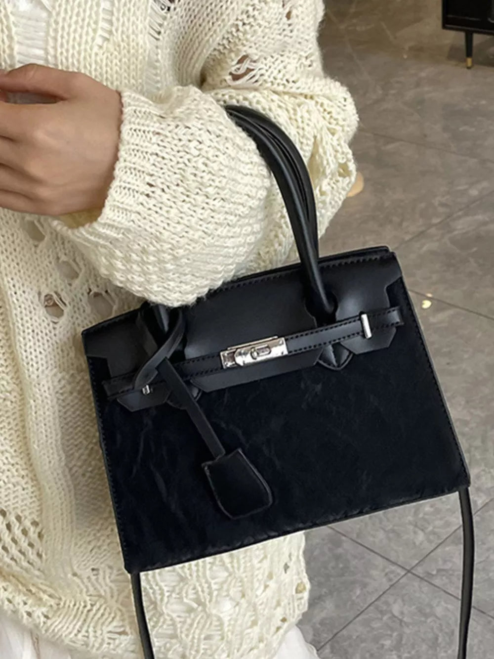 Textured Leather Top-handle Handbag in Black, back view