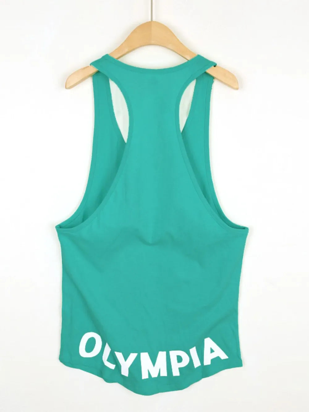 Teal Olympia racerback tank top with white text detail.