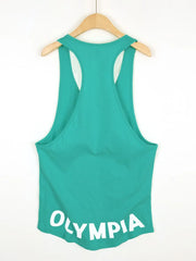 Teal Olympia racerback tank top with white text detail.