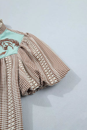 Brown gingham puff sleeve shirt with embroidered horse yoke detail