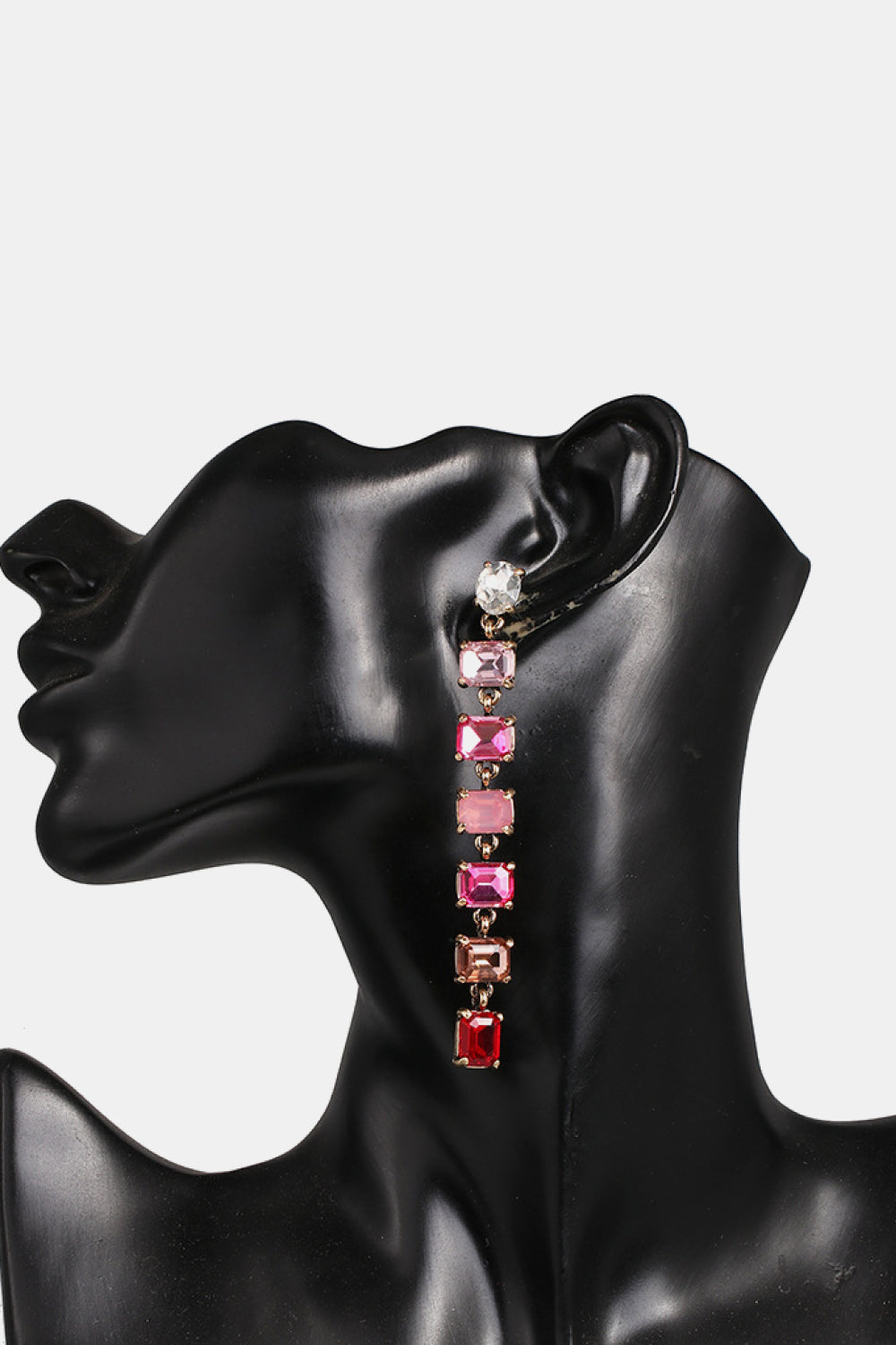 Ombre Gemstone Cascade Earrings with multicolor rectangular gemstones and a clear top stone.