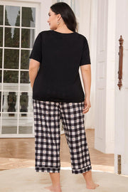 Black V-neck tee with heart check lounge pants