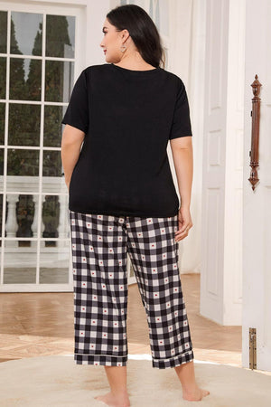 Black V-neck tee with heart check lounge pants