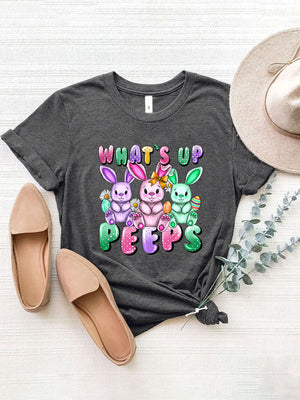Dark Gray Easter Bunny Graphic Tee with "What's Up Peeps" text and cartoon bunnies.