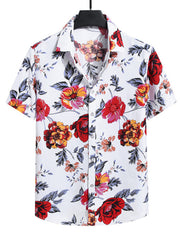 White cotton short sleeve shirt with red and yellow floral print.