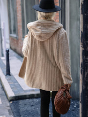 Sand textured teddy hooded open coat with vertical ribbing detail.