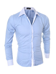 Men's blue slim fit long sleeve shirt with white collar and cuffs