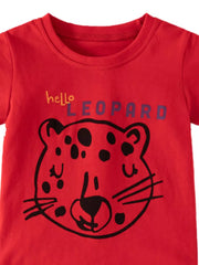 Red cotton toddler t-shirt with leopard graphic and "hello LEOPARD" text.