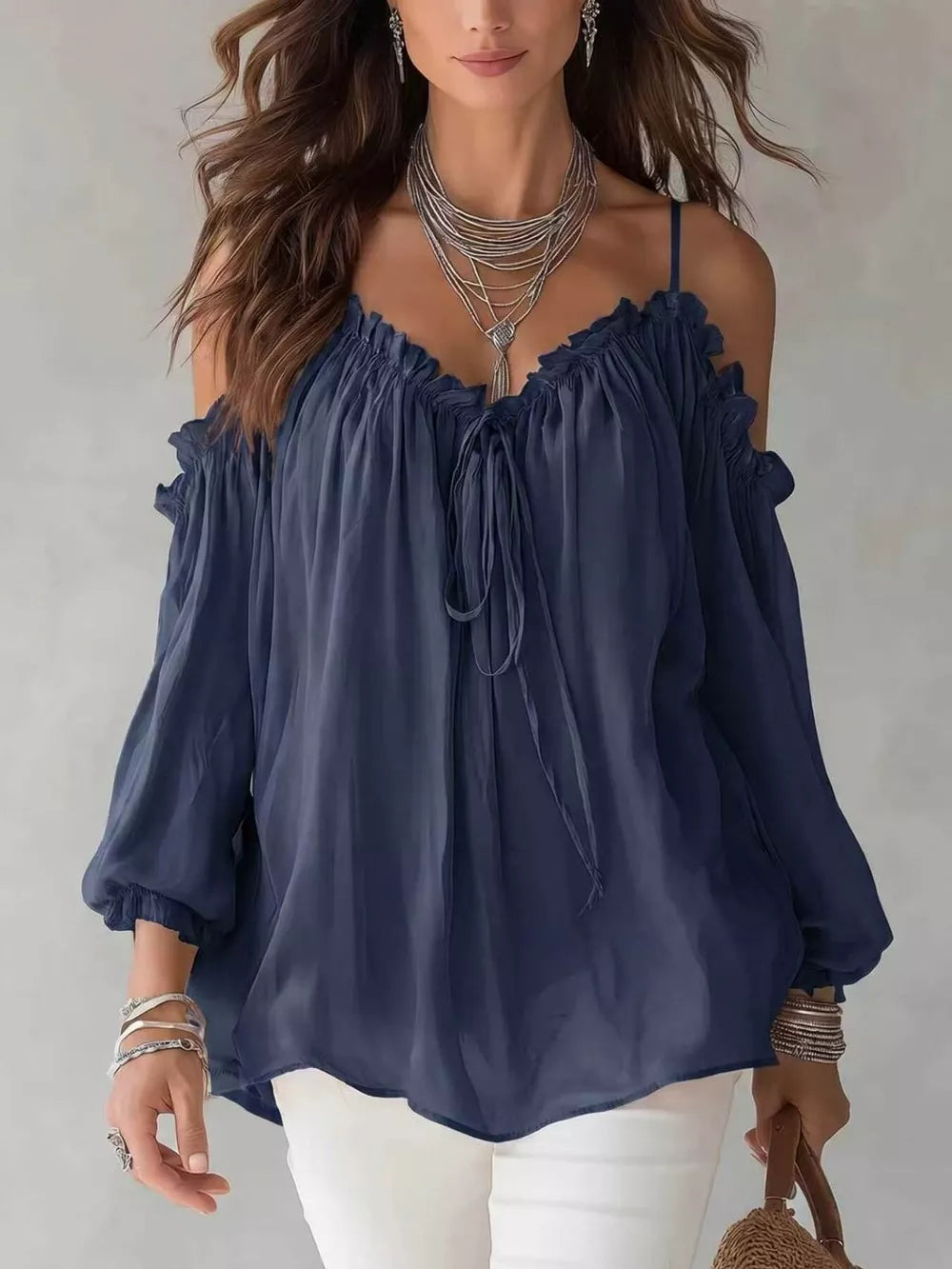 Frill Spaghetti Strap Tie Front Blouse in White, alternate angle