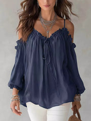 Frill Spaghetti Strap Tie Front Blouse in White, alternate angle