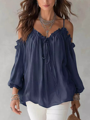 Frill Spaghetti Strap Tie Front Blouse in White, alternate angle