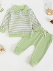 Green striped polo shirt and solid green pants set for baby boys and girls