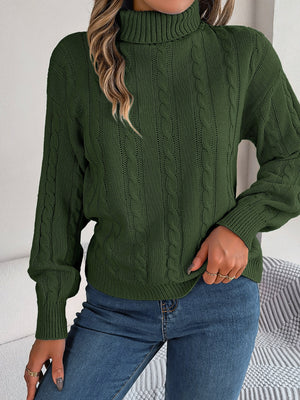 Dark green cable knit turtleneck sweater with voluminous sleeves