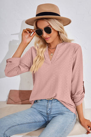 Dusty Pink textured henley blouse with rolled sleeves and V-neck