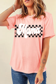 Checkered Mama graphic tee in watermelon pink with short sleeves and a crew neck.