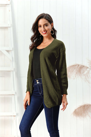 Army green draped knit open-front cardigan with V-neck and long sleeves.