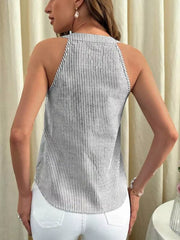 Black and white striped V-neck tank top with a buttoned collar detail.