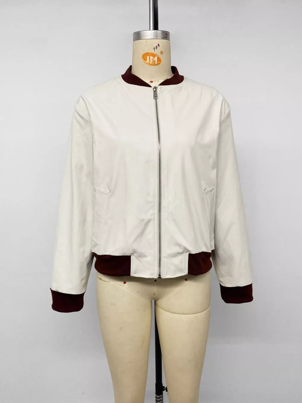 Contrast Trim Zip Up Jacket in White, fabric detail