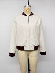 Contrast Trim Zip Up Jacket in White, fabric detail