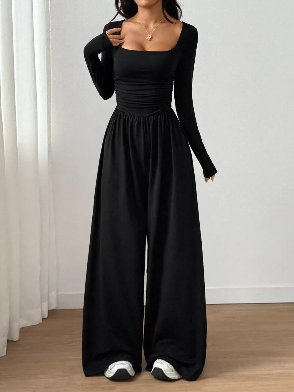 Ruched Square Neck Wide-leg Jumpsuit in Brown, front view