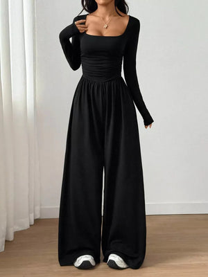 Ruched Square Neck Wide-leg Jumpsuit in Brown, front view