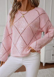 Blush pink knit sweater with diamond cutwork and sequins, crew neck, long sleeves.