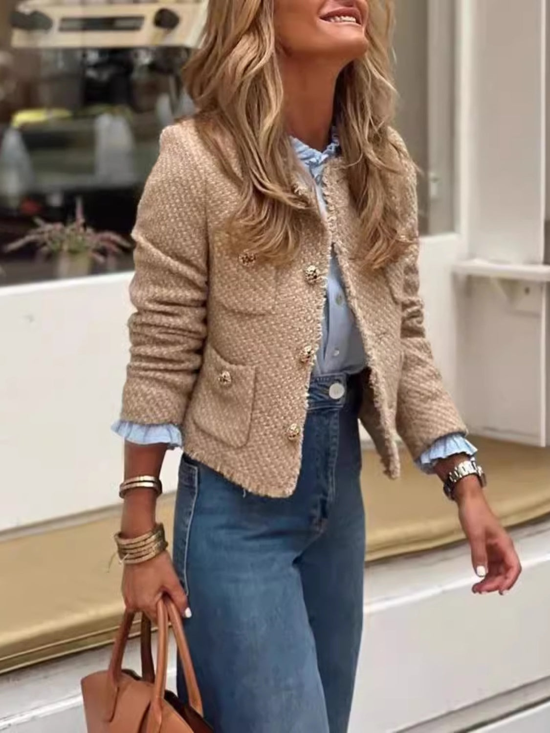 Textured bouclé cropped jacket in camel with fringe trim and gold buttons.