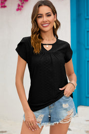 Black eyelet cap-sleeve top with keyhole neckline and ruffled sleeves