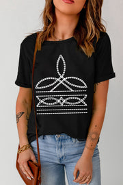 Black crew neck t-shirt with white embroidered graphic detail on chest
