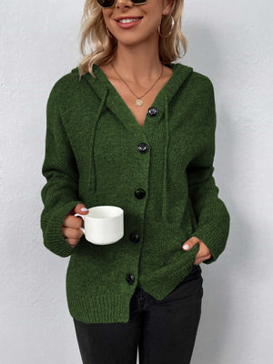Button-front hooded knit cardigan in Matcha Green with drawstring detail and black buttons.
