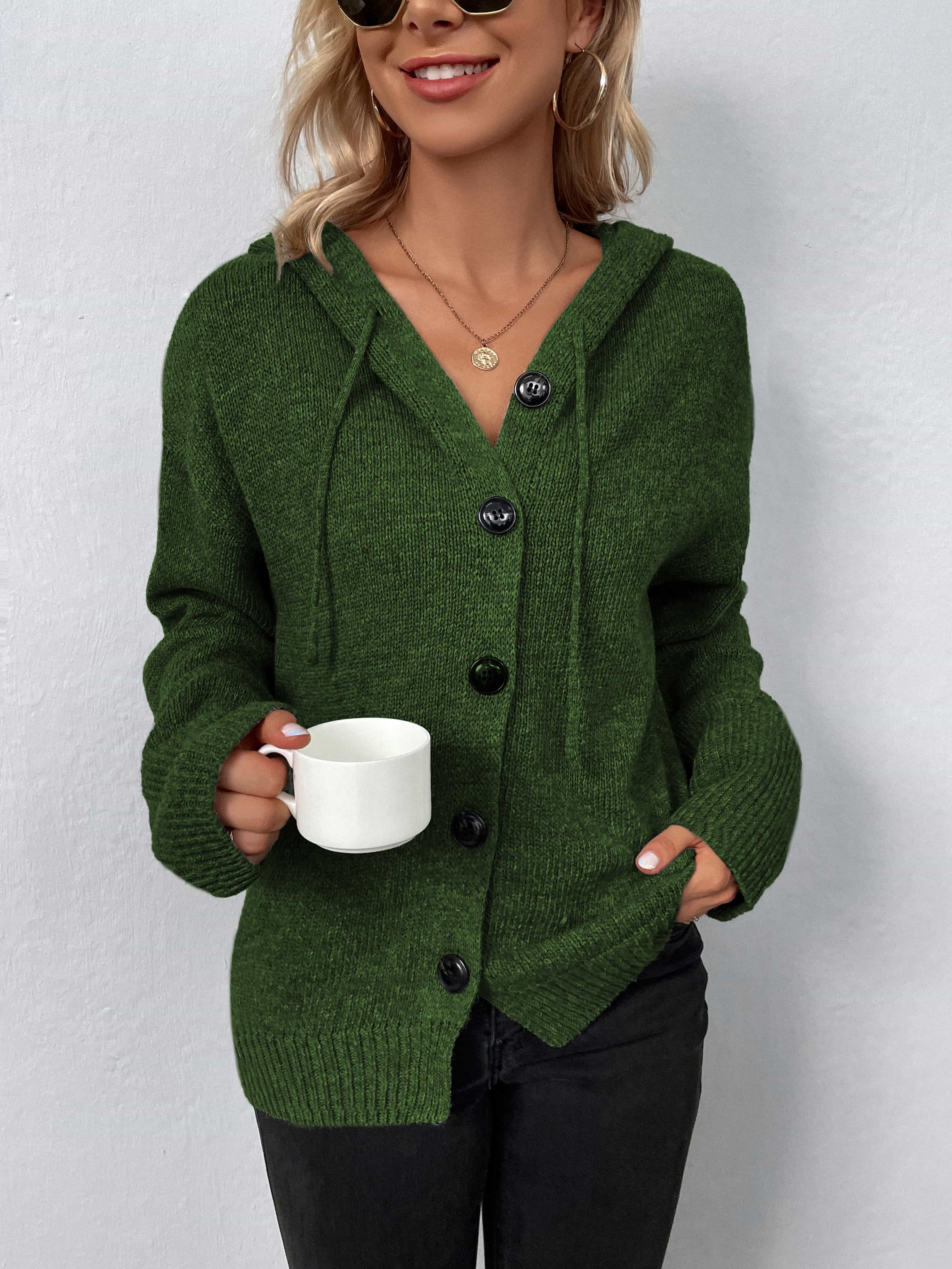 Button-front hooded knit cardigan in Matcha Green with drawstring detail and black buttons.