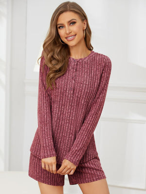 Ribbed Henley lounge set in cerise with button detail and matching shorts.