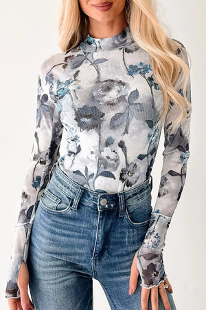 Sheer floral high neck long sleeve shirt with blue and grey flowers, polyester fabric.