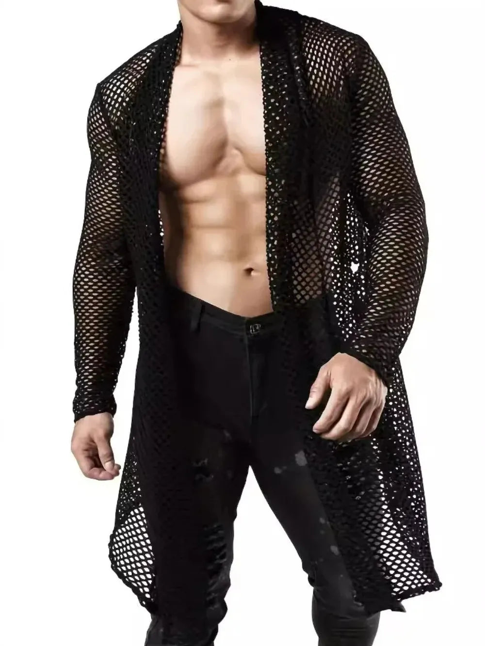 Black mesh panel long sleeve open front cardigan with a relaxed fit.